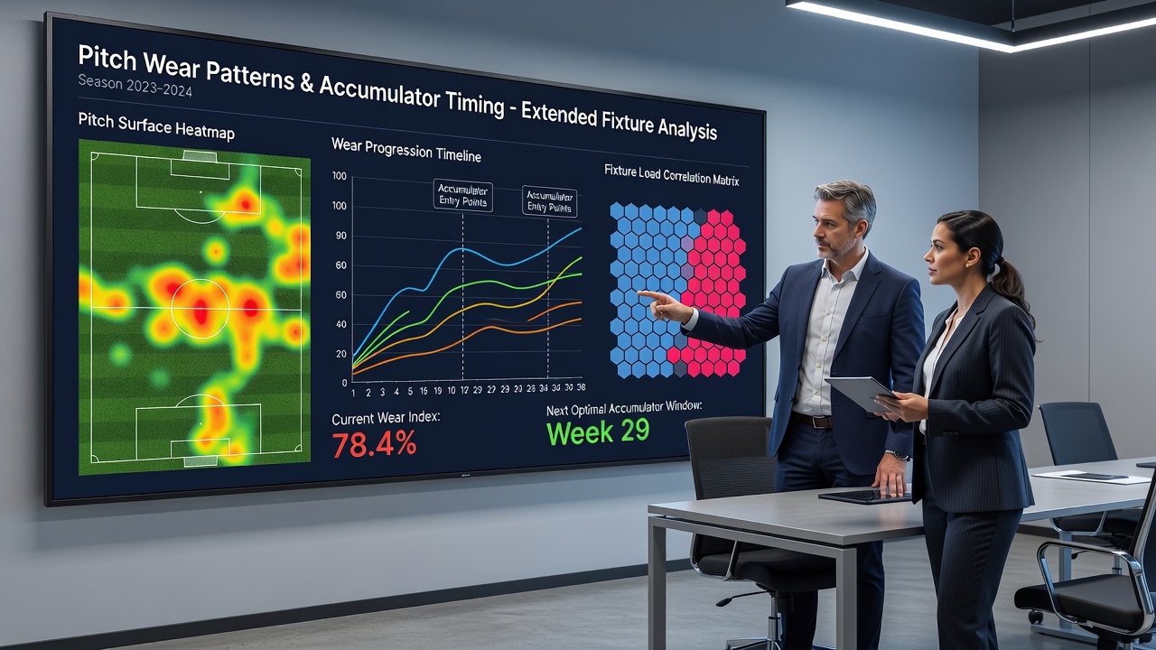 Infographic displaying pitch wear data charts alongside fixture schedules and accumulator timing recommendations