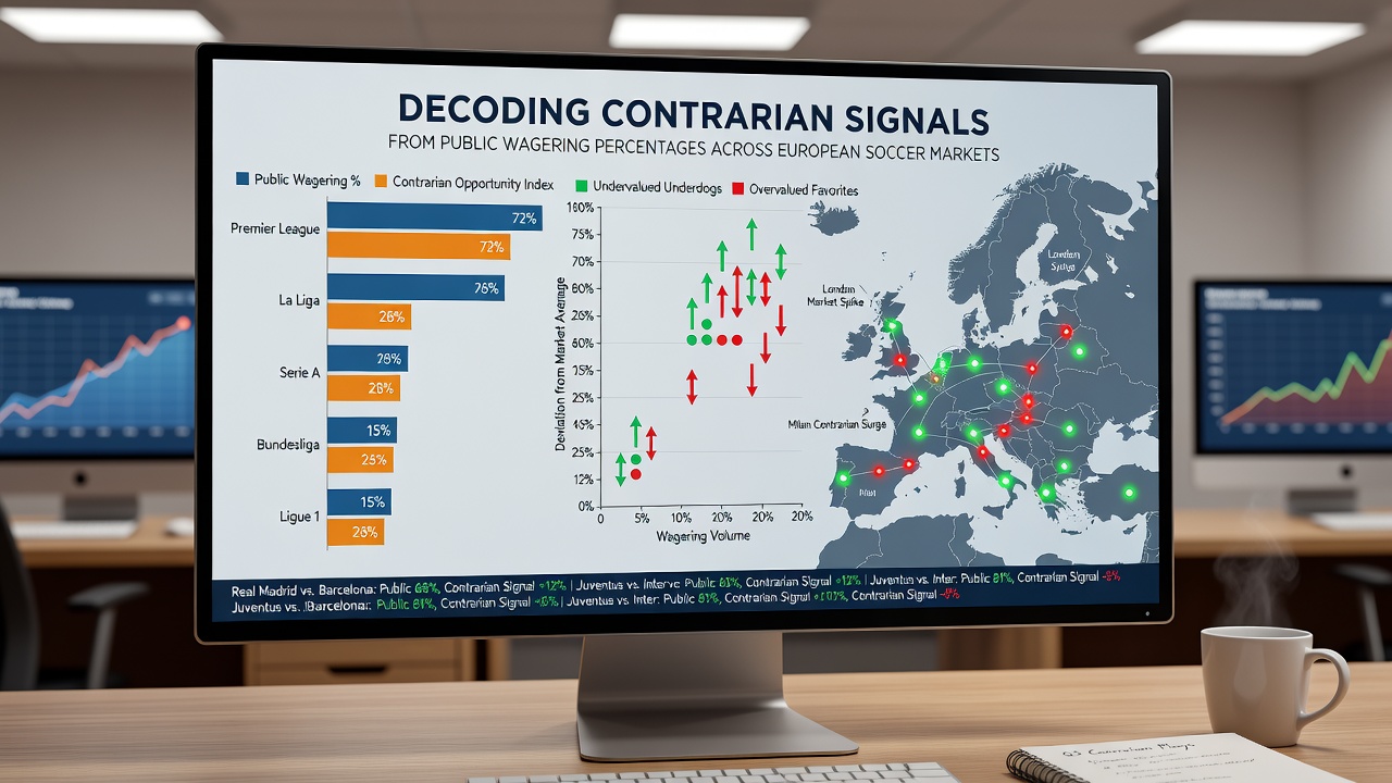 European soccer stadium scene with overlaid betting percentage graphs illustrating contrarian opportunities in live markets