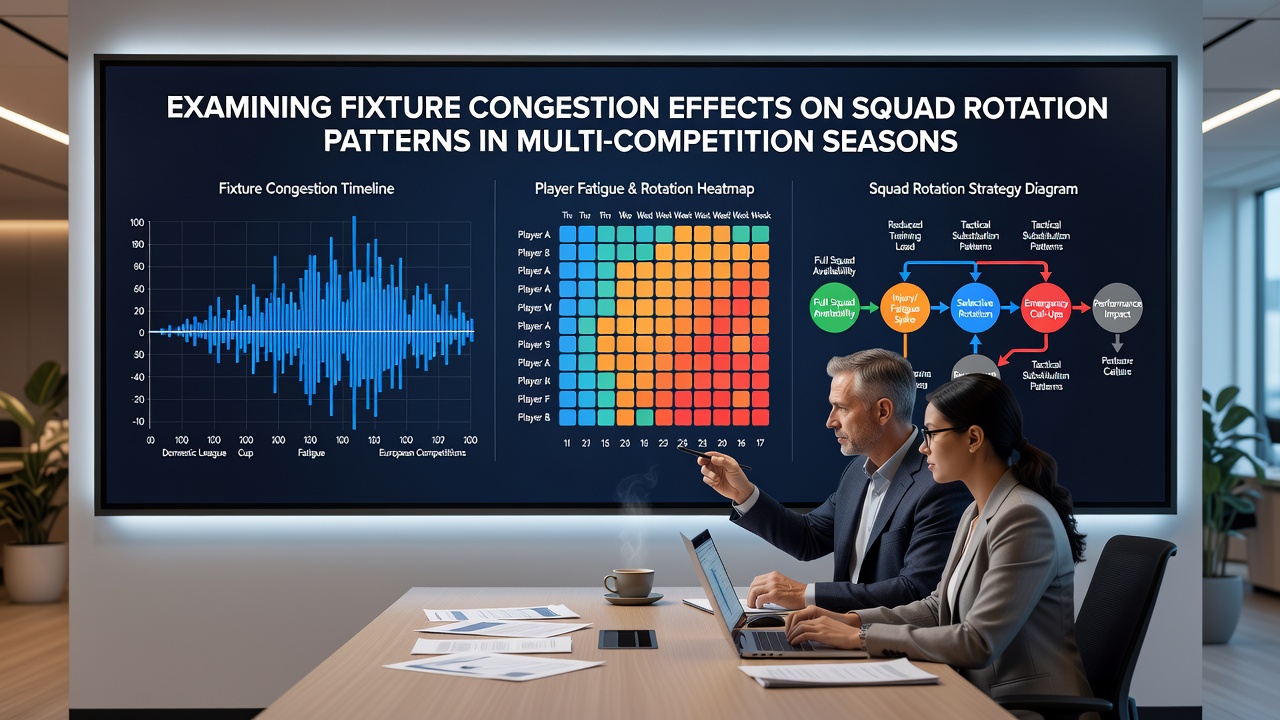 Manager discussing squad rotation tactics on a tablet during a team briefing session