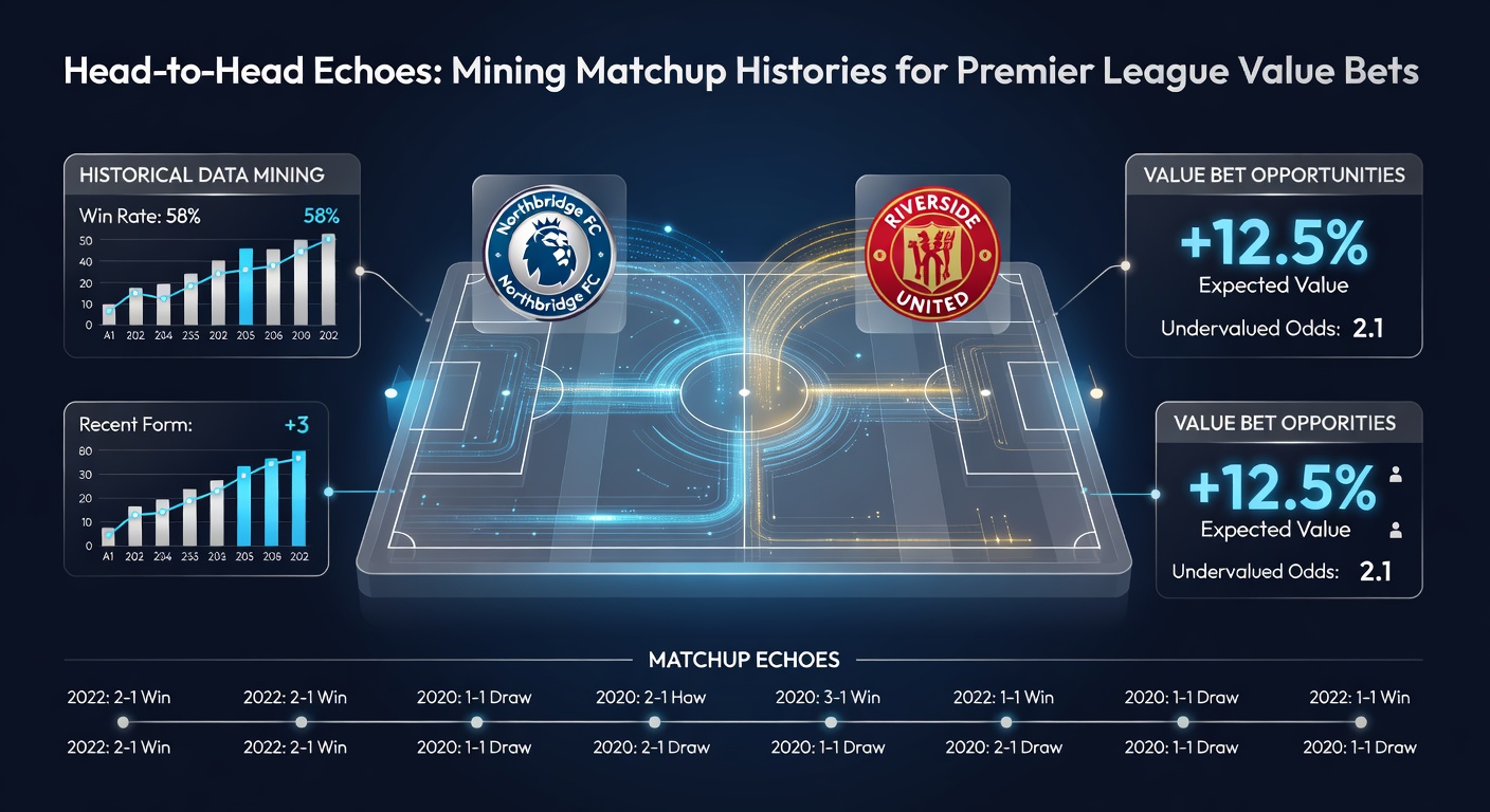 Data visualization of Premier League head-to-head trends, graphs plotting wins, draws, and betting value opportunities over decades
