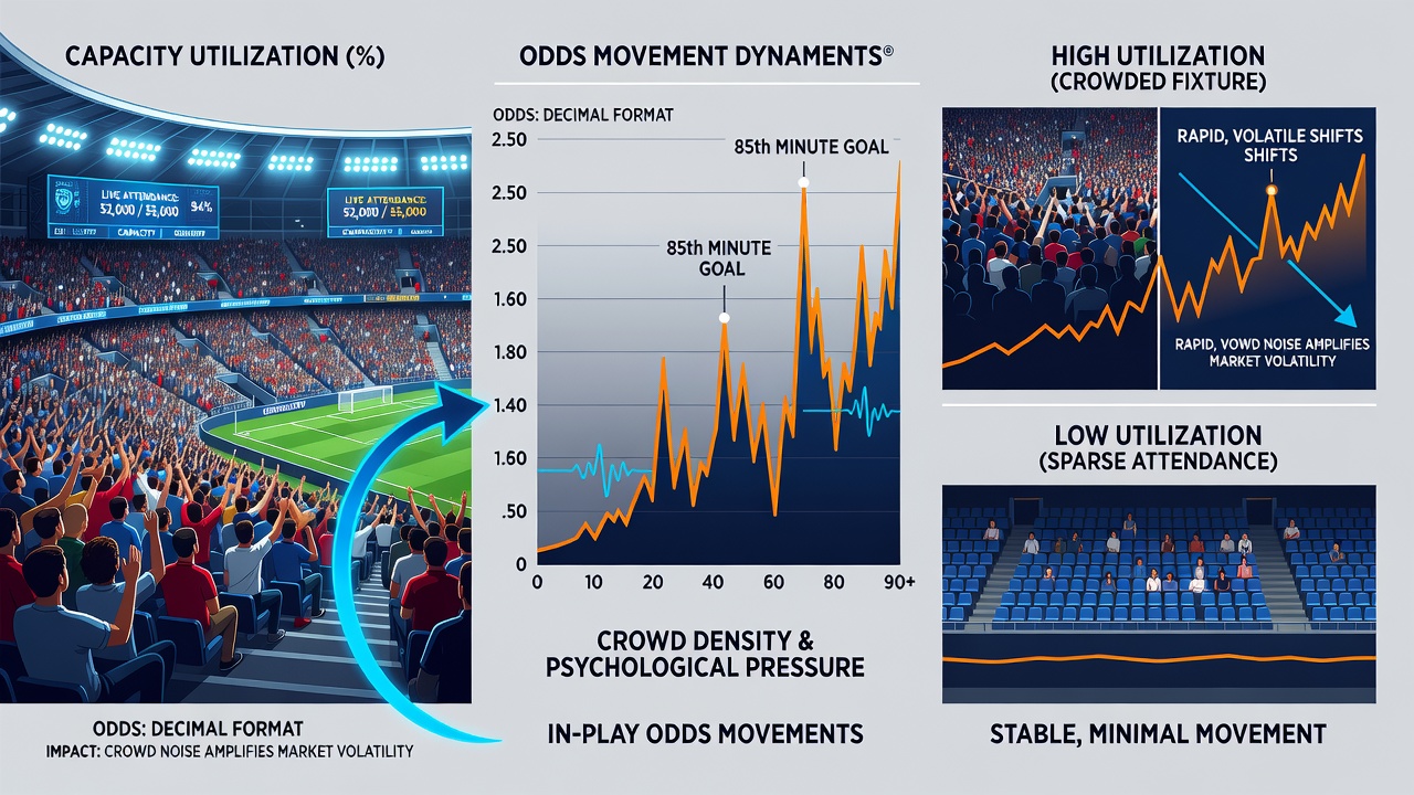 Close-up view of betting terminal displaying shifting in-play odds during a crowded stadium match