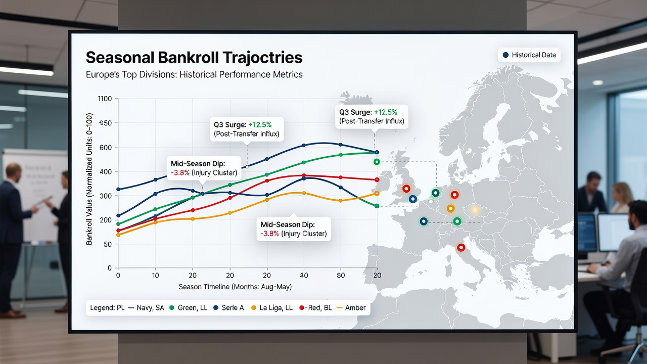 Detailed graph illustrating bankroll trajectories mapped against goal differential and points-per-game data across multiple European seasons