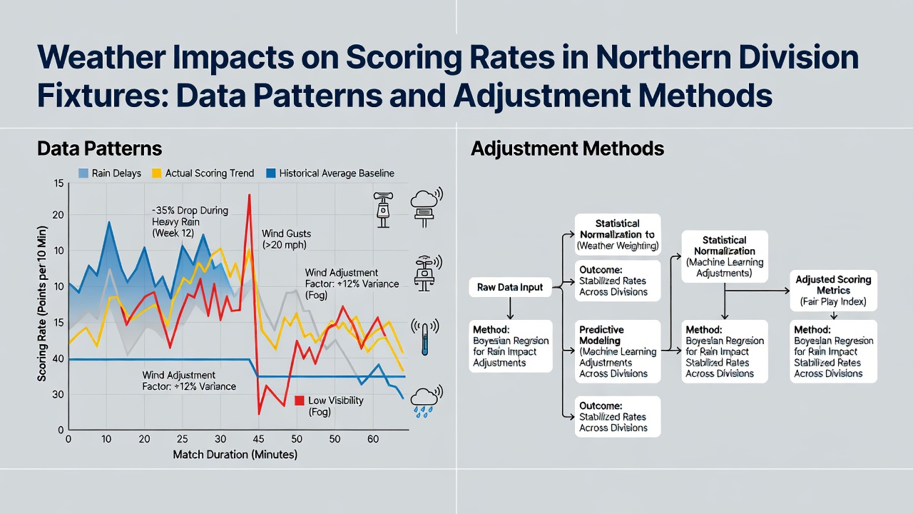 Analysts reviewing weather data charts and match statistics for northern football fixtures on a laptop